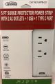 5 FT 2 OUTLETS SURGE POWER STRIP W/2.4A 1 USB